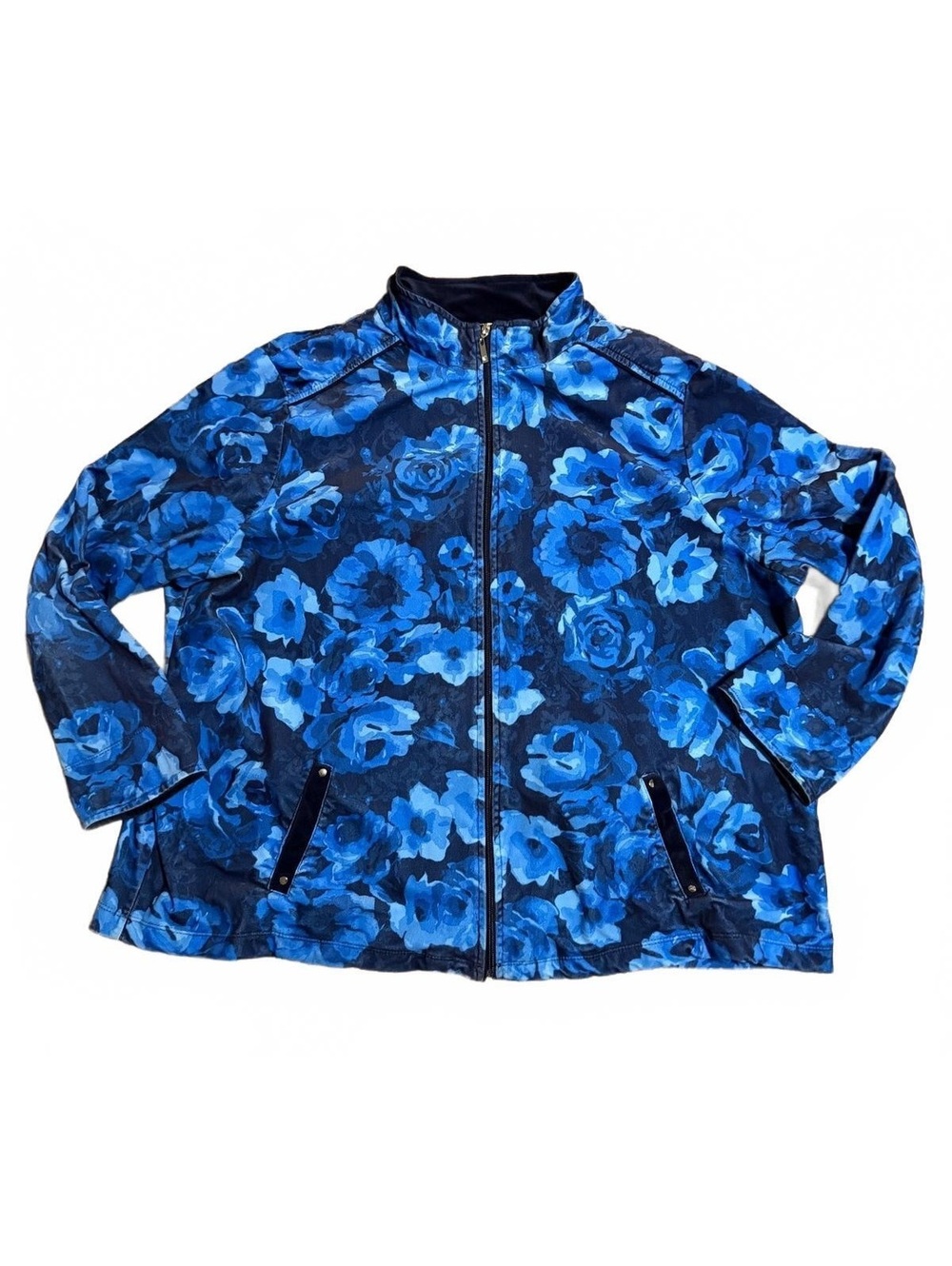 Allison Daley Women's Blue Floral Fleece Jacket with Zipper Pockets